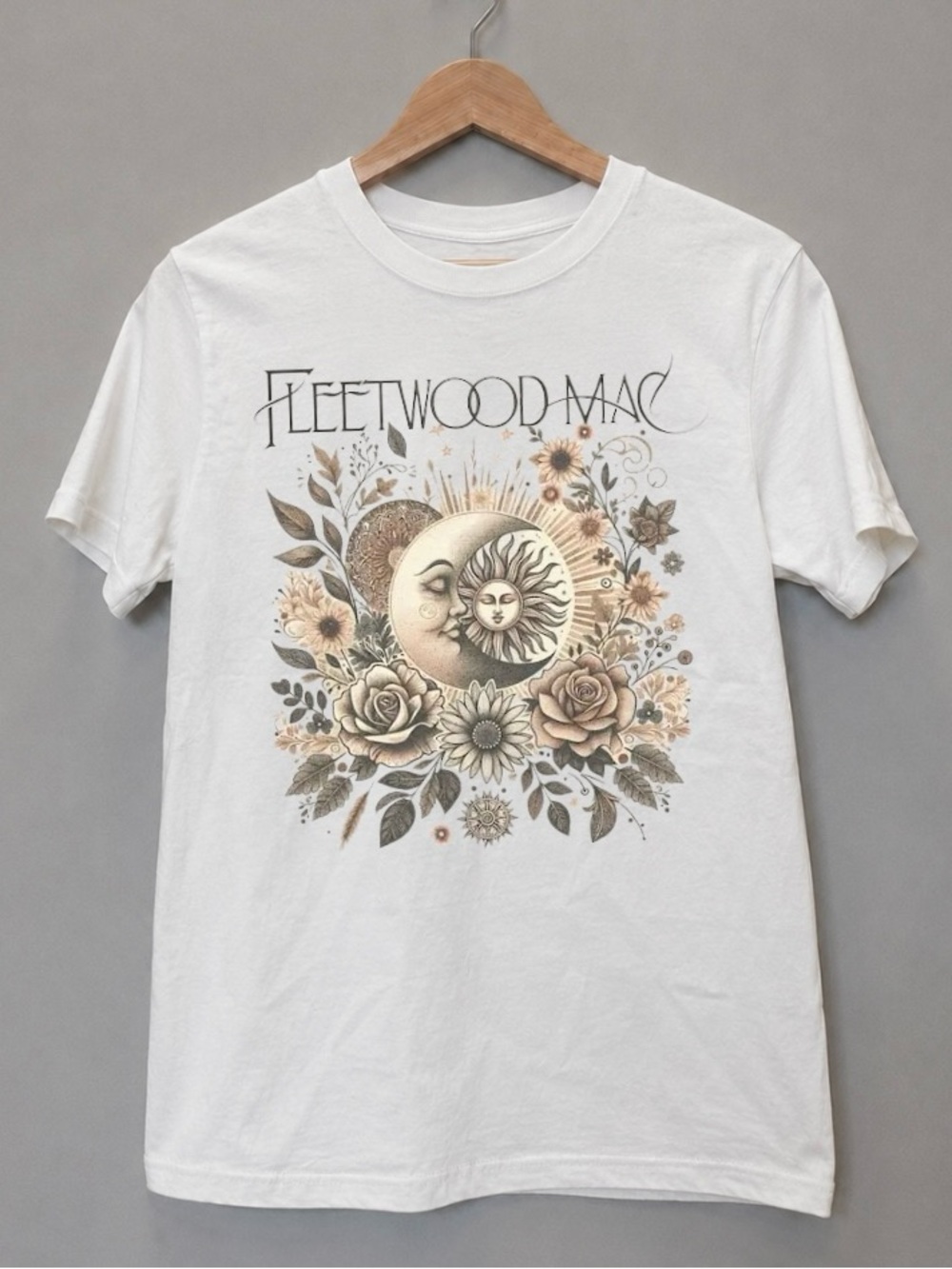 Fleetwood Mac White Graphic Tee with Sun & Moon Floral Design